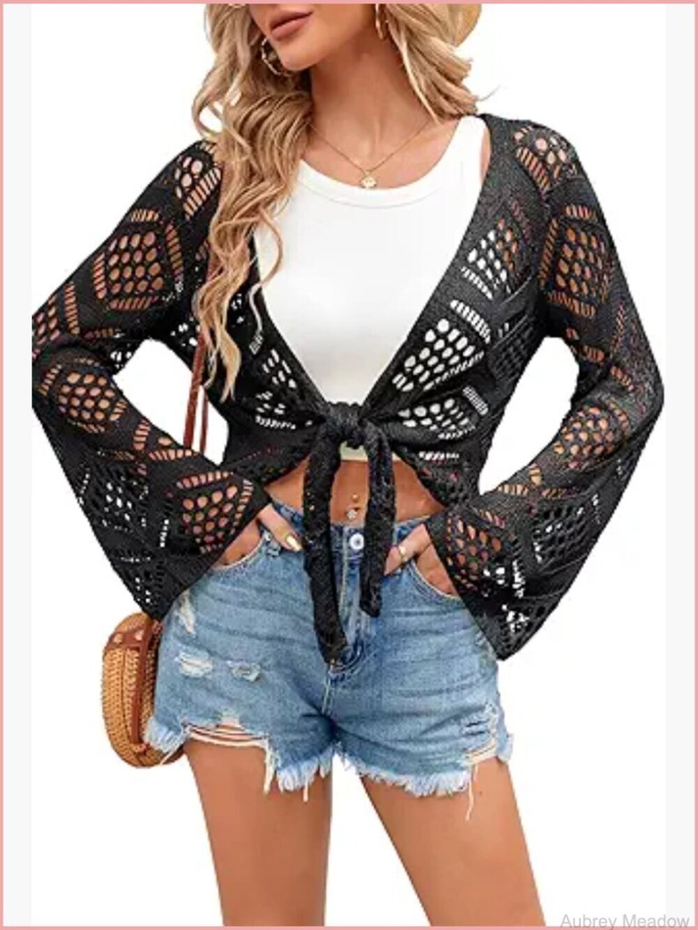 Crochet Tie Front Cardigan Bell Long Sleeve Crop Top Beach Cover Up